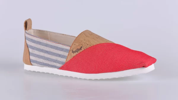 Najha Fashion red resort shoes espadrilles handcrafted in Portugal with recycled fabrics, jute soles, and anatomic insoles for sustainable luxury.