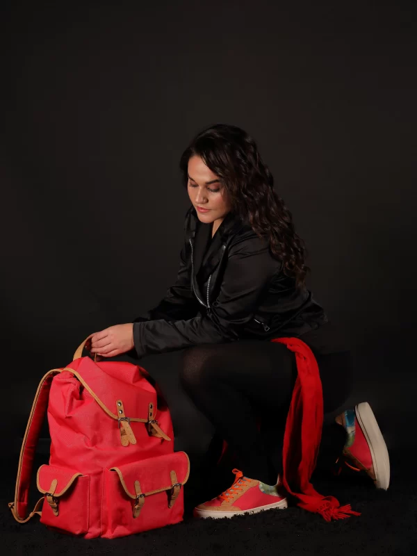 Najha Fashion women’s red sneakers and matching backpack, designer luxury fashion brand crafted with sustainable materials.