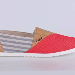 Najha Fashion red espadrille with recycled fabrics, signature logo, and refined front design detail for sustainable luxury footwear.