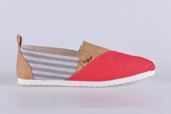 Najha Fashion red espadrille with recycled fabrics, signature logo, and refined front design detail for sustainable luxury footwear.